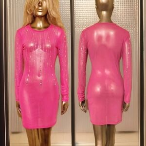 NWT Sexy Hot Pink Barbiecore Rhinestone Sheer Mesh Mini Party Dress Sz L